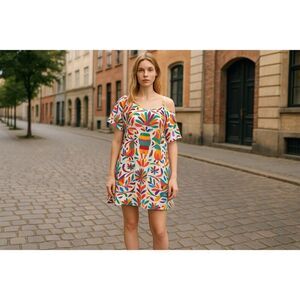 Judith March Colorful Bird Print Dress Tropical Mini Open Shoulder Lined Size S